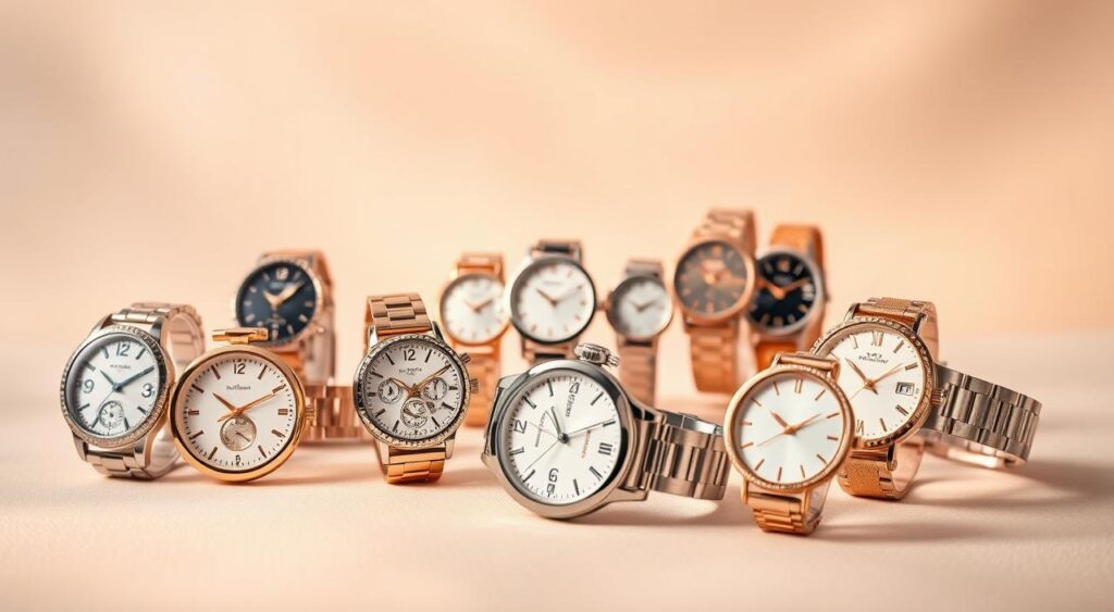 A fashion showcase of stylish women's watches, beautifully arranged on a soft, neutral background. In the foreground, several exquisite timepieces in various metals and designs, their faces and straps capturing the eye with intricate details and elegant curves. In the middle ground, a selection of chic, minimalist watches in muted tones, their simple yet sophisticated forms complementing the more ornate pieces. The background features a subtle, dreamy gradient, creating a sense of depth and highlighting the watches as the central focus. Soft, diffused lighting casts a warm, glamorous glow, accentuating the watches' lustrous finishes and reflecting off their polished surfaces. The overall scene conveys a sense of refined style, timeless elegance, and the power of a well-chosen accessory to elevate any fashionable ensemble.