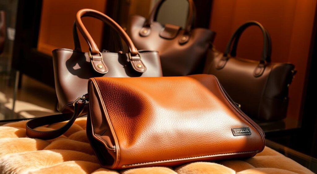 A luxurious leather handbag rests on a plush, velvet-lined display, its intricate stitching and metal hardware gleaming under warm, golden lighting. In the middle ground, a second bag showcases its smooth, supple texture and elegant silhouette, while a third bag in the background highlights the brand's sophisticated craftsmanship with its precision-cut panels and hand-painted edges. The overall scene exudes an air of refined luxury, inviting the viewer to appreciate the meticulous attention to detail that goes into each Zivoramiss creation.