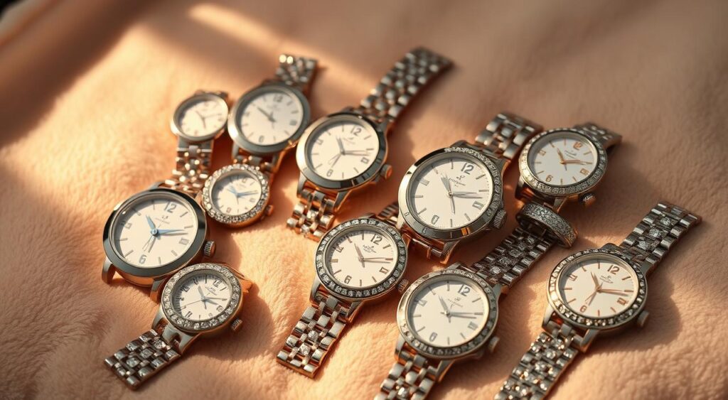 A meticulously crafted array of luxury women's watches, arranged on a soft, velvety surface. The timepieces gleam with a refined elegance, each boasting a unique design that captivates the eye. Delicate details, such as intricate bezels and shimmering crystals, draw the viewer in, inviting them to appreciate the craftsmanship and artistry of these exquisite accessories. Carefully positioned in a harmonious composition, the watches are bathed in warm, diffused lighting that casts gentle shadows, emphasizing their sculptural forms and alluring appeal. This serene, high-end display exudes a sense of timeless sophistication, perfectly complementing the "Caring for Your Women's Watch" section of the article.