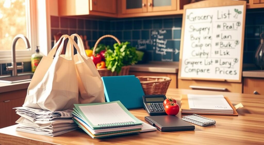 A vibrant and organized kitchen counter, with various budget-friendly shopping hacks laid out. In the foreground, a stack of reusable shopping bags, coupons, and a notebook for tracking expenses. In the middle ground, a basket of fresh produce, a calculator, and a folder labeled "Grocery List". In the background, a whiteboard with handwritten tips for saving money, such as "Meal Plan", "Buy in Bulk", and "Compare Prices". The lighting is warm and natural, casting a soft glow over the scene. The overall atmosphere conveys a sense of efficiency and financial savvy.