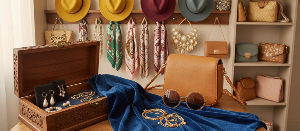 A beautifully arranged display of women's wardrobe accessories, featuring elegant scarves, statement necklaces, chic handbags, and stylish sunglasses. In the foreground, showcase a plush velvet scarf draped gracefully over an ornate wooden jewelry box, which holds sparkling earrings and layered bracelets. In the middle, include a trendy crossbody bag beside an eye-catching pair of sunglasses, reflecting soft, golden natural light. The background consists of an organized wall with a variety of colorful hats and purses neatly hung, hinting at a fashionable closet. The overall atmosphere evokes sophistication and creativity, with a warm, inviting ambiance that encourages exploration of personal style. The composition should be captured with a slight top-down angle, emphasizing depth and detail, while maintaining a harmonious and balanced arrangement.