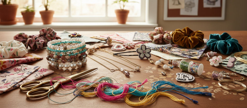 A beautifully arranged flat lay of trendy DIY accessories for women, showcasing colorful handmade jewelry, such as beaded bracelets and layered necklaces, alongside stylish personalized hairpins and unique fabric scrunchies. In the foreground, a pair of elegant scissors and colorful threads are scattered, hinting at the DIY process. The middle layer features a gorgeous array of materials like vibrant fabrics and decorative beads, all artfully placed to inspire creativity. The background includes soft focus elements like a floral-patterned workspace and sunlight streaming in through a window, creating a warm and inviting atmosphere. The image should emphasize creativity, style, and personalization, captured in bright, natural lighting with a shallow depth of field to enhance the visual appeal of the accessories.