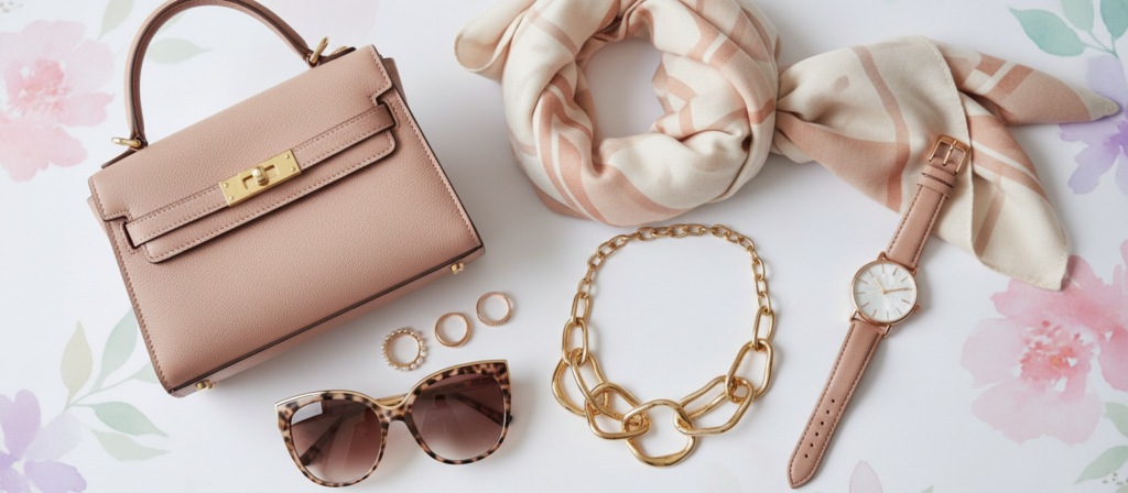 A beautifully arranged flat lay showcasing trendy accessories for women, perfect for complementing any outfit. In the foreground, feature a pair of stylish sunglasses, a chic leather handbag, elegant stacking rings, and a statement necklace, all with intricate details. The middle section includes a soft, textured scarf and a fashionable watch, harmonizing with a color palette of warm neutrals and pastel tones. In the background, place a subtle, blurred floral pattern to enhance the feminine vibe without distraction. The lighting should be soft and natural, creating a warm, inviting atmosphere, captured from a slight overhead angle to embrace the elegance of these accessories, inviting viewers to engage with the style and sophistication presented.