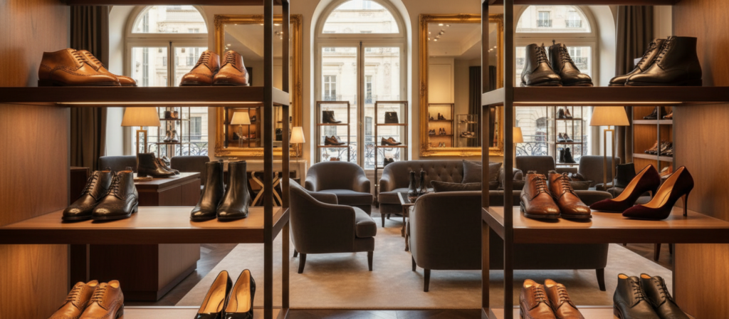 A beautifully curated selection of luxury footwear displayed in an elegant boutique setting. In the foreground, showcase a variety of premium shoes, including classic leather oxfords, stylish ankle boots, and sophisticated stilettos, all meticulously arranged on polished wooden shelves. The middle layer features a tastefully designed boutique interior with soft, ambient lighting that highlights the craftsmanship of each shoe. Elegant decor elements, such as ornate mirrors and plush seating, create a welcoming atmosphere. In the background, tall windows allow natural light to flood the scene, enhancing the luxurious feel with a subtle hint of urban chic. Capture the essence of heritage and craftsmanship, evoking a sense of sophistication and timeless elegance. The image should have a warm, inviting mood, shot from a slightly elevated angle to provide a comprehensive view of the curated selection.