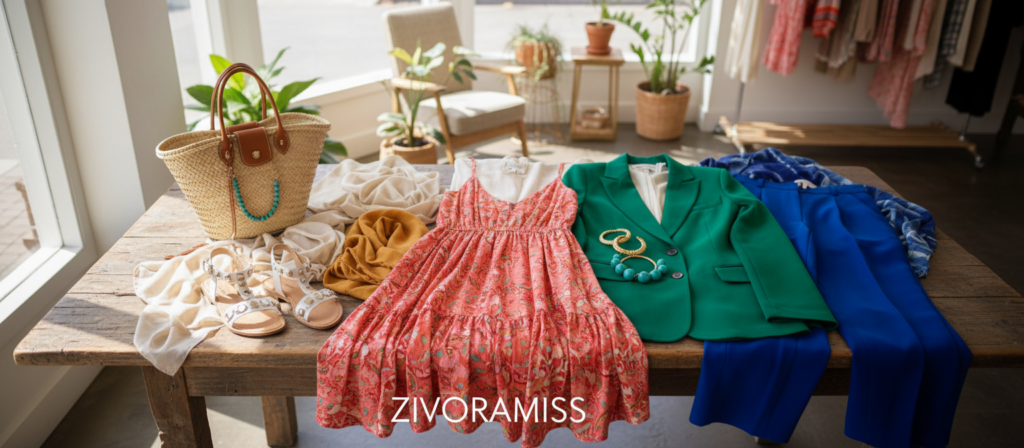 A beautifully styled flat lay of a fashionable Zivoramiss clothing collection showcasing vibrant pieces on a rustic wooden table. In the foreground, a variety of colorful garments, including a chic dress, tailored blazer, and stylish accessories like a trendy handbag and statement earrings, are arranged artfully. The middle ground features luxurious fabrics draping elegantly, hinting at the quality and texture of the clothing. The background is softly blurred, showcasing a warm, inviting boutique setting with natural light streaming in from large windows, casting gentle shadows. The overall mood is inspirational and stylish, perfect for a wardrobe refresh. Capture this scene with a slight overhead angle to emphasize the layout and details of the clothing items, ensuring the image feels bright and appealing without any text, logos, or watermarks.