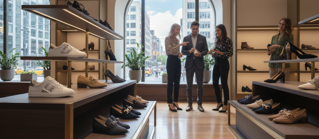 A chic upscale shoe boutique interior showcasing a stunning array of accessible luxury footwear collection. In the foreground, elegantly arranged display shelves feature stylish yet affordable high-end sneakers, loafers, and heels, all impeccably designed with premium materials and eye-catching details. The middle of the scene highlights a diverse group of fashionably dressed individuals admiring the footwear, wearing professional and modern business attire. Soft, diffused lighting fills the store, creating an inviting atmosphere, while reflections on polished wood floors add depth. In the background, large windows reveal a vibrant urban street, enhancing the luxury shopping experience, with greenery peeking through, evoking a sense of sophistication and contemporary flair.