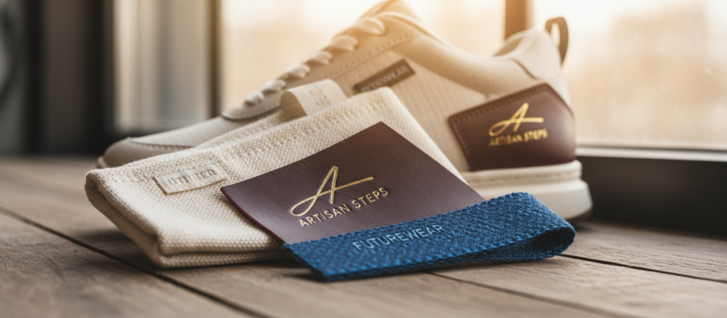 A close-up view of premium shoe label materials displayed on a wooden surface. The foreground features various textures such as soft cotton, sleek leather, and durable synthetic fabrics, each showcasing intricate stitching details and vibrant colors. In the middle ground, a partially visible shoe incorporates the labels, emphasizing their stylish integration. The background is softly blurred with natural light streaming in, creating a warm and inviting atmosphere. The scene is shot with a macro lens to highlight the quality and craftsmanship of the labels, with a shallow depth of field that draws focus to the distinctive material finishes. The overall mood is luxurious and refined, ideal for showcasing the essence of premium shoe labels.