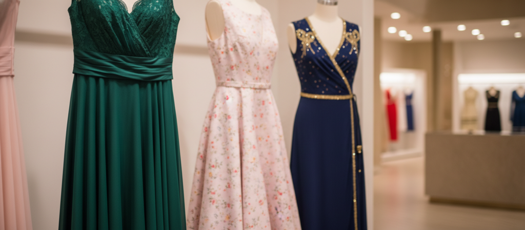 A collection of elegant women's dresses showcased on a beautifully arranged display. In the foreground, a flowing silk evening gown in deep emerald green, featuring intricate lace detailing and a fitted waist that accentuates its silhouette. Beside it, a classic A-line dress in soft pastel pink with a delicate floral pattern. In the middle ground, a stylish wrap dress in navy blue with gold accents, hanging gracefully on a stylish mannequin. The background is softly blurred with an elegant boutique setting, adorned with soft lighting that highlights the textures of the fabrics. The atmosphere is refined and sophisticated, evoking a sense of timeless fashion elegance. Use a warm color palette, with gentle natural light creating a dreamy ambiance, captured with a shallow depth of field.