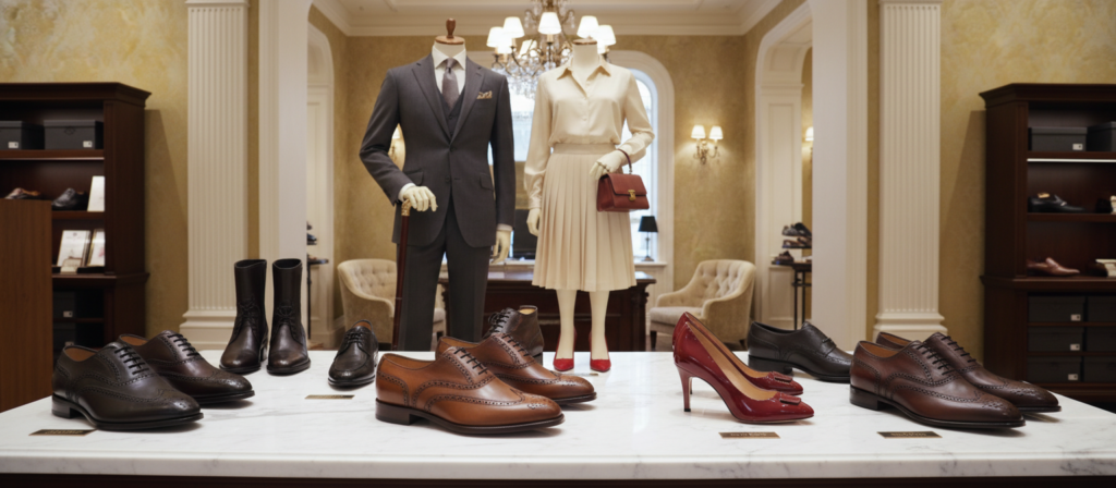 A luxurious display of iconic heritage shoe brands, featuring a variety of elegantly crafted footwear positioned on a polished marble surface in the foreground. Highlight meticulously designed details such as fine leather, ornate stitching, and distinctive logos. In the middle ground, place stylish mannequins dressed in sophisticated, professional business attire, showcasing the shoes in a tasteful arrangement. The background should consist of a softly lit, upscale boutique atmosphere with subtle hints of classic architecture and plush fabrics to evoke a timeless elegance. Use diffused lighting to create a warm, inviting ambiance while focusing on the shoes. Capture the scene from a slightly angled perspective to emphasize depth and luxury, engendering an atmosphere of exclusivity and refined taste.