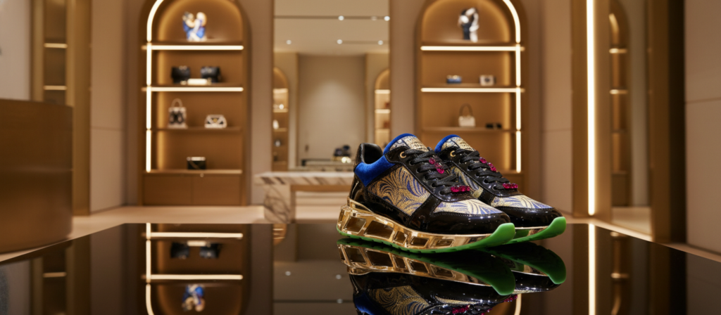 A pair of high-end statement sneakers elegantly displayed in the foreground, showcasing intricate details like luxurious materials, vibrant colors, and unique patterns. The sneakers are positioned on a shiny, reflective surface that enhances their features. In the middle ground, a soft-focus backdrop of an upscale fashion boutique, with elegant lighting and minimalist decor, elevates the mood of luxury and sophistication. Warm golden tones illuminate the scene, casting subtle shadows that accentuate the sneakers. The angle is slightly above eye level to capture the sneakers' profile while hinting at the chic surroundings. The overall atmosphere conveys a sense of modern elegance and high fashion, appealing to style-conscious individuals seeking both comfort and luxury in footwear.