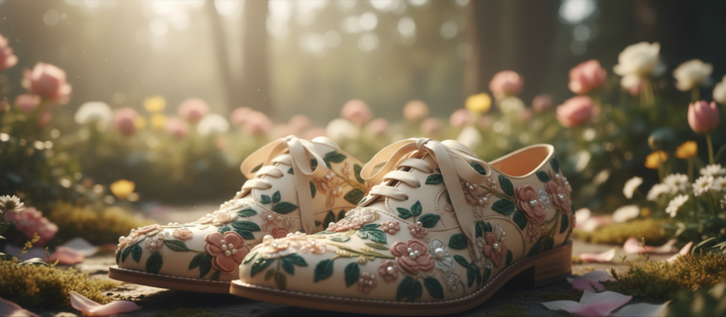A pair of stylish lace-up shoes adorned with romantic floral embellishments, elegantly positioned in the foreground. The shoes feature intricate floral designs made of delicate fabric, showcasing vibrant colors like soft pinks and deep greens. In the middle, a blurred background reveals a softly lit, sun-drenched garden setting with blooming flowers and lush greenery, enhancing the romantic theme. Use natural, warm lighting to create a soft glow around the shoes, adding depth and texture. The angle should be slightly above the shoes, emphasizing their details while capturing the ethereal beauty of the surroundings. The overall mood is dreamy and enchanting, inviting the viewer into a world of stylish romance.