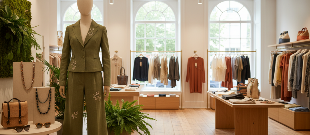 A serene and stylish boutique interior showcasing sustainable fashion. In the foreground, a mannequin dressed in a beautifully tailored outfit made from eco-friendly fabrics, surrounded by lush green plants and eco-conscious accessories. The midground features an elegantly designed retail space with wooden displays and soft lighting, highlighting organic clothing options in earthy tones. The background includes large windows allowing natural light to stream in, creating a warm and inviting atmosphere. The mood is calm and eco-friendly, emphasizing a chic and modern take on sustainable fashion. Use soft, natural lighting to enhance textures and details within the fabrics, captured with a shallow depth of field for a professional look.