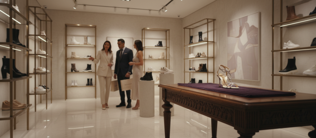 A sophisticated luxury boutique interior displaying a curated selection of high-end shoes, highlighted by elegant lighting that casts soft shadows. In the foreground, an intricately crafted wooden display table showcases an exclusive pair of designer heels situated on plush velvet fabric, exuding opulence. The middle ground features well-dressed shoppers examining luxurious footwear, dressed in professional attire to convey a polished atmosphere. The background reveals a minimalist yet chic store design with sleek glass shelves filled with various luxury shoe brands, all harmonized in a neutral palette. The scene captures a feeling of exclusivity and refinement, emphasizing the concept of strategic luxury shopping. Use a soft-focus lens effect to enhance the depth of field, creating an inviting and aspirational mood.