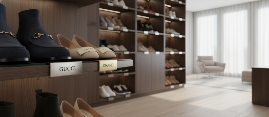 A stylish and organized shoe storage area featuring premium shoe name labels. In the foreground, a close-up view of elegantly designed labels affixed to various pairs of luxury shoes, showcasing different colors and textures like leather and suede. The middle layer reveals a spacious, neatly arranged shoe cabinet with shelves displaying an array of trendy footwear, each labeled clearly for easy identification. In the background, soft natural lighting filters through a window, illuminating the wooden accents of the room, creating a warm and inviting atmosphere. Use a shallow depth of field to focus on the labels while gently blurring the background, enhancing the overall aesthetic. The mood is modern, sophisticated, and tailored to reflect the essence of an organized family's lifestyle, emphasizing the importance of premium labeling.