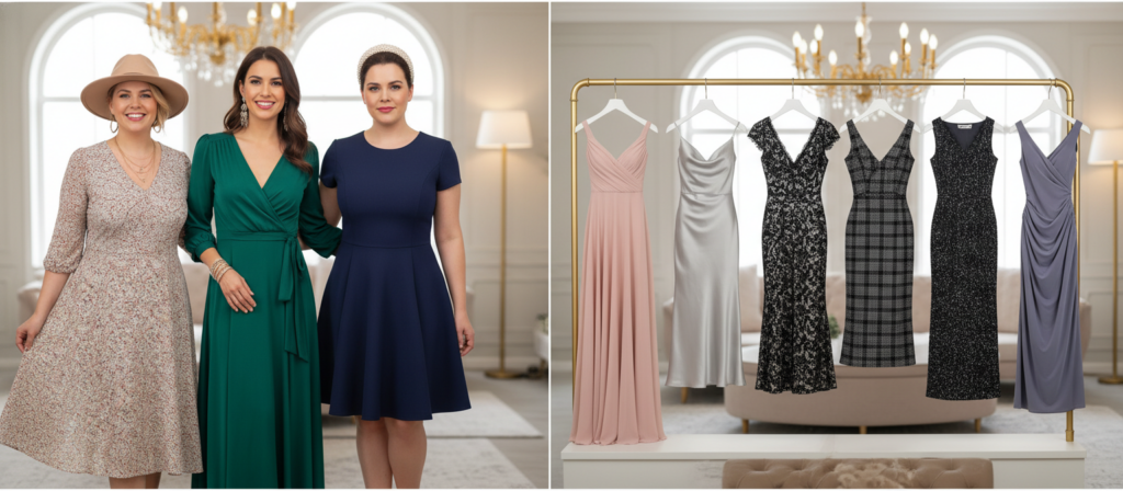 A stylish collage showcasing a variety of women's dresses designed for different body types, each model exhibiting confidence and grace. In the foreground, three women of diverse body shapes are standing together; one in an A-line dress, another in a wrap dress, and the third in a fit-and-flare style, all adorned with elegant accessories. The middle ground features an array of dresses on display, highlighting their unique silhouettes and fabrics, such as flowing chiffon, sleek satin, and textured lace. The background softly blurred, features a chic boutique setting, with warm, inviting lighting that casts a gentle glow, enhancing the colors and details of the dresses. The atmosphere is stylish and uplifting, perfect for inspiring readers to find their ideal dress.