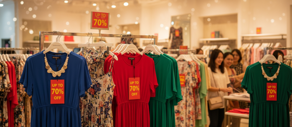 A stylish display of discount Zivoramiss apparel showcased on elegant hangers and mannequins in a bright, inviting retail store environment. In the foreground, a variety of clothing items including colorful shirts, dresses, and accessories feature bold sale tags indicating "Up to 70% Off." The middle ground captures the beautifully arranged display with a warm hue from soft, diffused overhead lighting creating an inviting atmosphere. In the background, racks of additional clothing and cheerful shoppers browsing the sale can be seen, enhancing the lively shopping experience. The scene is shot with a 35mm lens to provide a slightly blurred bokeh effect, keeping the focus on the apparel, evoking a mood of excitement and opportunity for savings.