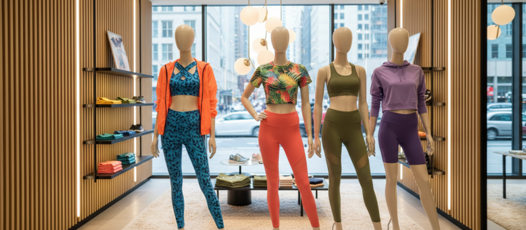 A stylish display of fashionable women's activewear brands showcased in a modern urban setting. In the foreground, beautifully arranged mannequins dressed in vibrant, trendy activewear featuring leggings, sports bras, and lightweight jackets in eye-catching patterns and colors. The middle ground presents a chic boutique environment with sleek wooden panels, hanging lights, and plush carpets, enhancing the elegance of the setting. The background offers a blurred view of a bustling city street, symbolizing an active lifestyle. The scene is brightly lit with soft, natural light filtering through large windows, creating an inviting and inspiring atmosphere. The image should evoke a sense of motivation and style, appealing to women who prioritize both fashion and functionality in their activewear.