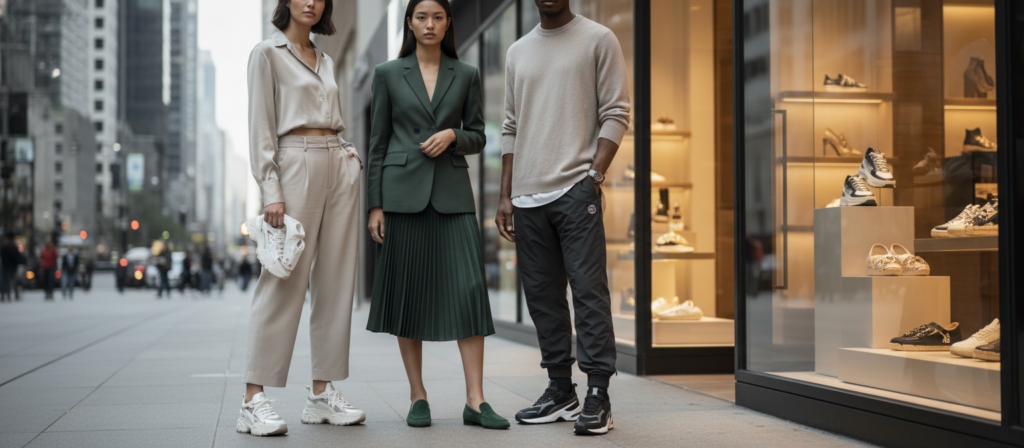 A stylish display of luxury everyday footwear trends set in a modern urban environment. In the foreground, a diverse group of three individuals is showcasing various types of high-end sneakers and casual loafers, dressed in sleek, comfortable outfits that reflect current fashion sensibilities. The middle layer features a chic boutique with large glass windows displaying additional luxurious shoe designs, accentuated by elegant lighting to create a warm, inviting atmosphere. The background reveals a bustling cityscape, softly blurred to emphasize the forefront. The overall mood is aspirational yet accessible, with soft natural light illuminating the scene, ensuring an appealing look to the footwear.