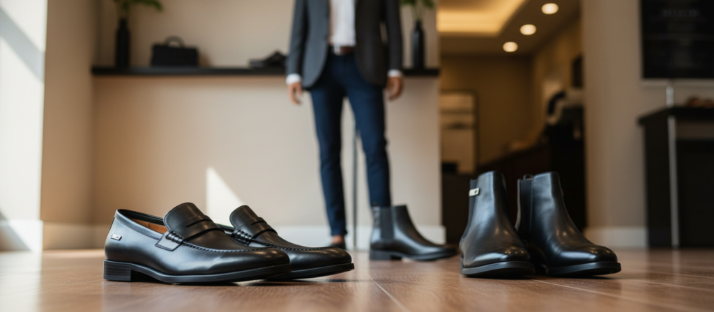 A stylish display of versatile footwear styling featuring a pair of luxurious Zivoramiss shoes placed elegantly on a polished wooden surface. The foreground highlights the shoes — a pair of sleek black leather loafers and sophisticated ankle boots, showcasing their versatile designs. In the middle ground, a well-dressed mannequin adorned in a tailored blazer and smart trousers complements the shoes, demonstrating a chic business casual look. The background features a softly blurred boutique setting with warm, ambient lighting, creating a sophisticated and inviting atmosphere. The image captures a polished, upscale vibe, suggesting the shoes are suitable for both professional and casual occasions. Shot from a low angle for a dramatic effect, with natural light casting gentle shadows, enhancing the elegance of the footwear.
