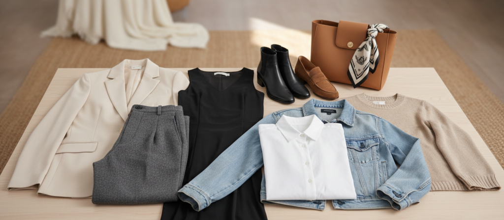 A stylish, minimalist display of a capsule wardrobe for women, showcasing essential clothing pieces. In the foreground, include neatly arranged items like a tailored blazer, a classic white button-up shirt, chic black trousers, a versatile denim jacket, a little black dress, and a cozy knit sweater, all in neutral colors. In the middle, add fashionable shoes—sleek ankle boots and simple loafers—complemented by a few matching accessories like a structured handbag and a silk scarf. In the background, create a soft, inviting ambiance with warm, diffused lighting that evokes a cozy yet sophisticated atmosphere, surrounded by a subtle hint of textured fabrics. Capture this scene from a slightly elevated angle to give depth and showcase the arrangement beautifully.