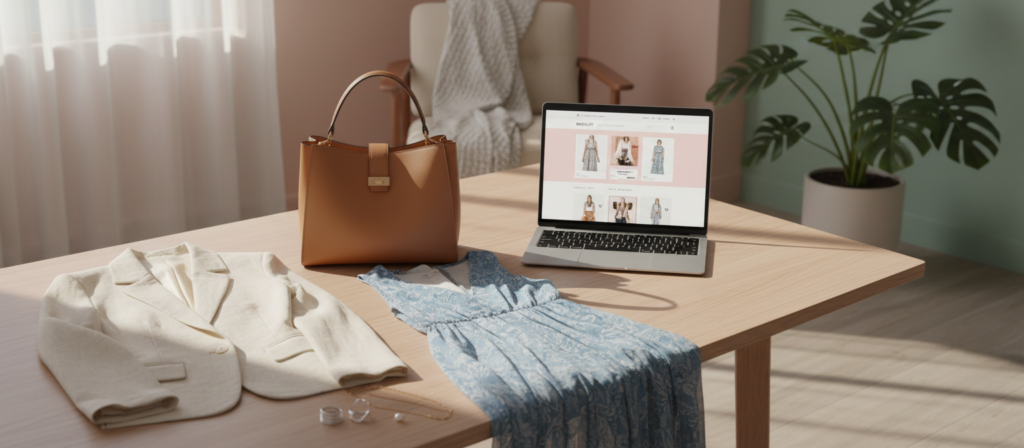 A stylish online boutique wishlist displayed artistically on a sleek, modern wooden table. The foreground features neatly arranged designer clothing items, including a tailored blazer, a flowy dress, and chic accessories like handbags and jewelry. In the middle ground, a laptop is open, showcasing the online boutique website with beautiful product images. Soft, diffused natural light floods the scene from a large window, casting gentle shadows and highlighting the textures of the fabrics. The background is a stylish, minimalistic room with soft pastel colors and tasteful decor, creating an inviting and sophisticated atmosphere. Capture this image from a slightly elevated angle to emphasize the arrangement and convey a mood of elegance and ease in navigating the boutique.