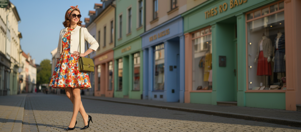 A stylish woman in 1960s vintage fashion stands confidently in a chic city environment. She wears a classic A-line dress with vibrant floral patterns, paired with a fitted blazer and elegant kitten heels. Her hair is styled in soft waves, adorned with a vintage headband, and she's accessorized with oversized sunglasses. The foreground captures her in a striking pose, emphasizing the details of her outfit. In the middle, a quaint cobblestone street lined with charming boutique storefronts showcases pastel-colored buildings. The background features a clear blue sky, softly illuminated by warm afternoon sunlight, creating an inviting and nostalgic mood. The scene is well-composed with a shallow depth of field, focusing on the subject while giving a hint of the lively surroundings.