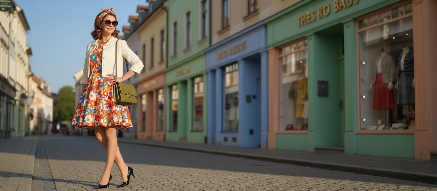 A stylish woman in 1960s vintage fashion stands confidently in a chic city environment. She wears a classic A-line dress with vibrant floral patterns, paired with a fitted blazer and elegant kitten heels. Her hair is styled in soft waves, adorned with a vintage headband, and she's accessorized with oversized sunglasses. The foreground captures her in a striking pose, emphasizing the details of her outfit. In the middle, a quaint cobblestone street lined with charming boutique storefronts showcases pastel-colored buildings. The background features a clear blue sky, softly illuminated by warm afternoon sunlight, creating an inviting and nostalgic mood. The scene is well-composed with a shallow depth of field, focusing on the subject while giving a hint of the lively surroundings.