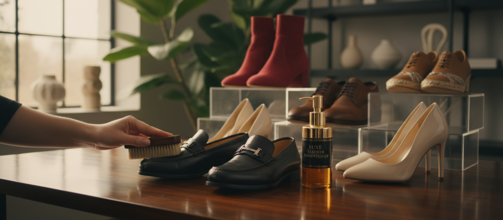 A stylish workspace setting with a close-up view of luxury shoes on a polished wooden table, showcasing elegant designer heels and loafers. In the foreground, a hand gently holds a soft brush, meticulously cleaning the shoes, while a bottle of high-end shoe care product is positioned nearby. In the middle ground, a chic shoe organizer displays various designer shoes, shining under warm, natural light streaming through a large window. The background features soft-focus indoor plants and minimalist décor, creating a sophisticated atmosphere. The image captures the essence of luxury and care in shoe styling, highlighting the importance of maintaining designer footwear with precision and elegance. The lighting is soft and inviting, suggesting a calm yet refined ambiance.