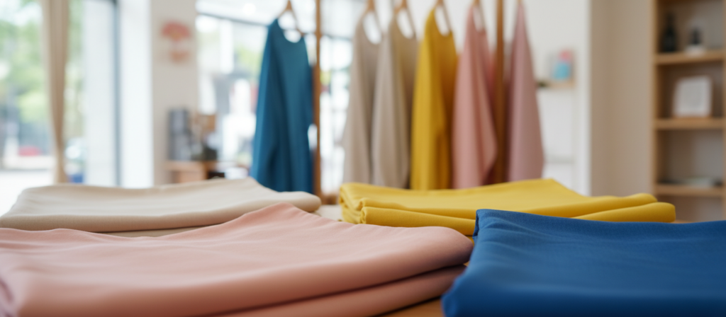 A vibrant display of women’s apparel sale fabrics, featuring a variety of textures and colors essential for stylish tops. In the foreground, showcase neatly folded organic cotton, soft linen, and lightweight rayon fabrics in inviting hues like pastel pink, deep blue, and bright yellow, creating a sense of warmth and variety. The middle ground includes elegantly draped fabrics hanging on stylish wooden racks, accentuating the flow and quality. The background is softly blurred with hints of a cozy boutique interior, bathed in natural light filtering through large windows, creating an inviting atmosphere. Use a shallow depth of field to emphasize the richness of the fabrics while keeping the overall ambiance warm and welcoming, evoking a sense of comfort and style perfect for women’s fashion.