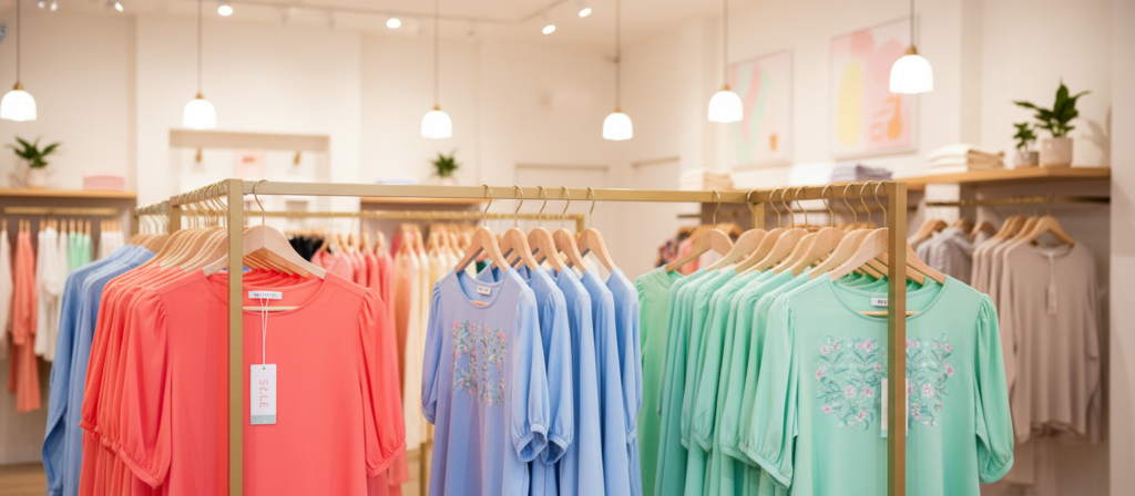 A vibrant display of women's tops on sale, showcasing a variety of stylish designs including blouses, t-shirts, and casual wear. In the foreground, neatly arranged tops in bright colors like coral, soft blue, and mint green hang on elegant display racks. In the middle, a well-lit, modern boutique setting enhances the appeal, with warm lighting that highlights the fabric textures and patterns. Background features soft pastel wall art and minimalistic decor, creating a welcoming atmosphere. The angle of the shot captures both close-up details of the tops and a wider view of the stylish boutique layout, evoking a cheerful shopping experience. The overall mood is inviting and trendy, inspiring excitement about upcoming sales and promotions.