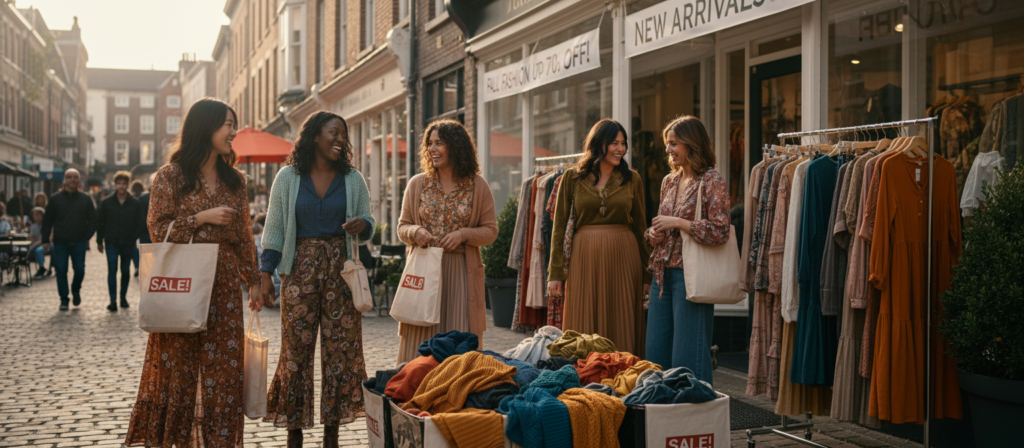 A vibrant shopping scene showcasing seasonal trends in affordable women's fashion. In the foreground, a diverse group of stylish women of various ethnicities, dressed in fashionable, modest casual outfits, joyfully browsing through a colorful display of discounted clothing items. The middle features a boutique storefront adorned with enticing promotional banners and a neatly arranged rack of trendy dresses, skirts, and tops, emphasizing colorful fabrics and textures. The background includes a lively city street under bright, natural sunlight, creating a cheerful, inviting atmosphere. Use a wide-angle lens to capture the interactions and dynamics of the scene, with soft lighting to enhance the warm, trendy vibe.