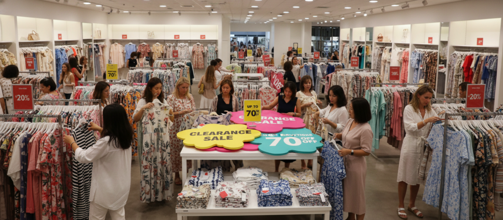 A vibrant women's clothing clearance sale scene set in a modern retail store. In the foreground, a diverse group of women in stylish, modest casual attire enthusiastically browse through racks of colorful summer dresses, blouses, and skirts, showcasing a variety of patterns and textures. In the middle ground, an eye-catching display features sale signs in bright colors, drawing attention to discounted prices. The background reveals a well-organized store with soft lighting that creates a warm and inviting atmosphere, highlighting the clothing. Use a slightly elevated angle to capture the dynamic interaction among shoppers while maintaining focus on the merchandise. The mood should be cheerful and energetic, reflecting the excitement of finding great deals.