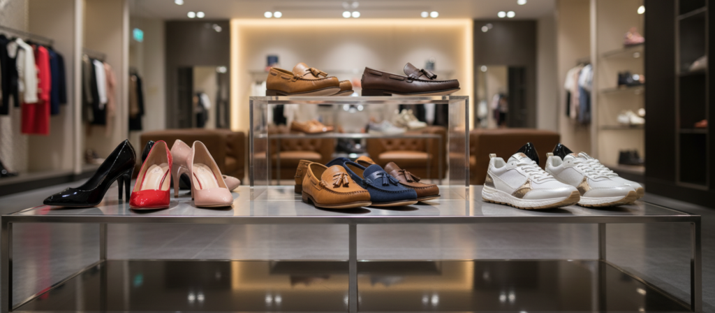 A visually compelling display of curated essential footwear styles showcased on a sleek, modern pedestal. In the foreground, feature an elegant assortment of high-heeled pumps, classic loafers, and stylish sneakers, meticulously arranged to highlight their textures and colors. The middle ground should include subtle reflections from a polished showroom floor, enhancing the luxurious feel. The background features a softly blurred upscale boutique interior, with warm, ambient lighting that creates a sophisticated atmosphere. Use a shallow depth of field to draw focus to the footwear while giving a sense of depth. Capture the image from a low angle to emphasize the elegance of the shoes, conveying a mood of upscale fashion and refinement. The entire composition should evoke a sense of style and aspiration.