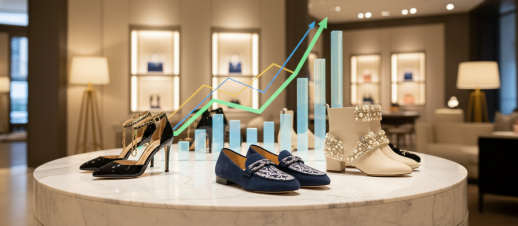 A visually striking scene showcasing the key growth drivers of the luxury footwear market. In the foreground, a collection of elegant luxury shoes displayed on a polished marble pedestal, highlighting materials like leather, suede, and intricate embellishments. In the middle ground, out-of-focus fashion trend graphs and charts hint at market dynamics and consumer behaviors, subtly illuminated by soft, diffused lighting. The background features an upscale boutique ambiance with high-end decor, showcasing sleek display cases and atmospheric lighting that enhances the luxury feel. The overall mood evokes sophistication and ambition, suggesting growth and innovation. A slightly elevated angle captures the entire arrangement, emphasizing the glamour of luxury footwear without any text or distractions.