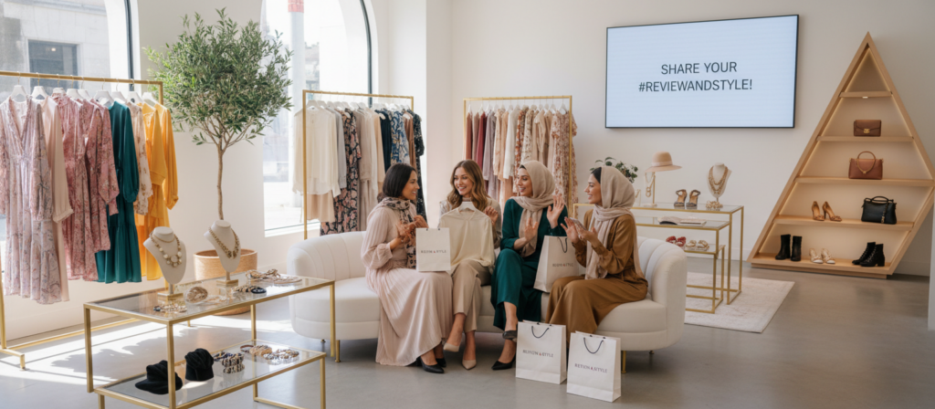 A well-lit, inviting scene inside a stylish women's clothing store that captures the essence of the online shopping experience. In the foreground, a diverse group of women in modest, fashionable clothing is gathered, happily discussing their recent purchases while seated on a sleek, modern couch. The middle ground showcases elegant clothing racks filled with vibrant dresses, blouses, and accessories, reflecting the latest trends. Soft, natural lighting filters through large windows, illuminating the space and creating a warm atmosphere. In the background, a beautifully designed display showcases a variety of handbags and shoes, adding a chic touch. The overall mood is one of excitement and satisfaction, emphasizing customer delight with elegant fashion choices. The scene is eye-catching and engaging, ideal for conveying the theme of customer reviews related to stylish women's clothing.
