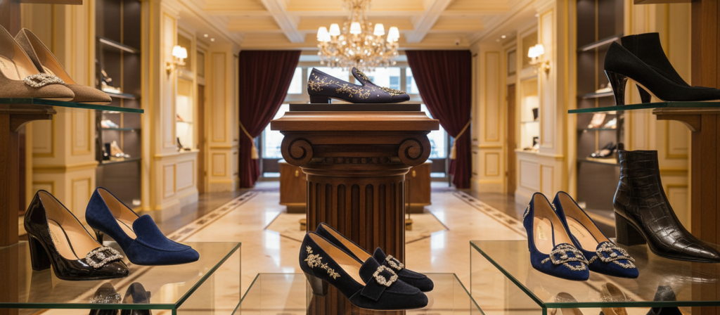 An elegant display of luxury footwear showcasing a collection from legacy exclusive shoe designers. In the foreground, beautifully crafted designer shoes like stilettos, loafers, and boots in rich materials such as leather and suede, adorned with intricate embellishments. In the middle, a stylish wooden pedestal presenting the shoes, with soft focus on the footwear details. The background features an opulent boutique setting with marble floors, golden accents, and plush drapery, bathed in warm, diffused lighting that highlights the textures and colors of the shoes. Capture the mood of sophistication and exclusivity, emphasizing the timeless appeal of these iconic designs. Use a shallow depth of field and slightly elevated camera angle for a refined composition.