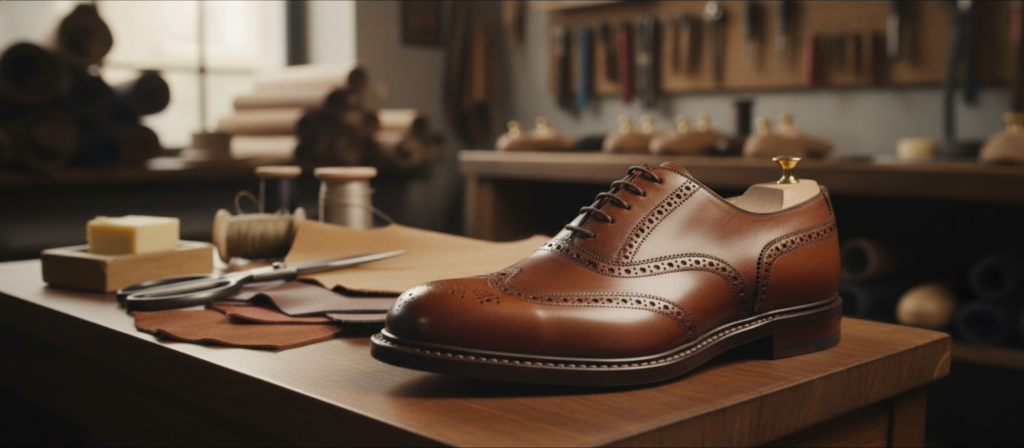 An elegant display showcasing the intricate hallmarks of craftsmanship in luxury shoes. In the foreground, a finely crafted shoe is placed on a polished wooden surface, highlighting its exquisite stitching and detailing. The shoe's leather glistens under soft, diffused lighting, revealing its rich texture and deep hues. In the middle ground, tools of the trade, such as a precise stitching needle and luxurious materials, are artfully arranged to suggest the meticulous process of crafting each pair. The background features a blurred workshop setting with shelves filled with leather hides and crafting tools, enhancing the artisanal atmosphere. The overall mood is one of sophistication and dedication, emphasizing the passion behind luxury craftsmanship.